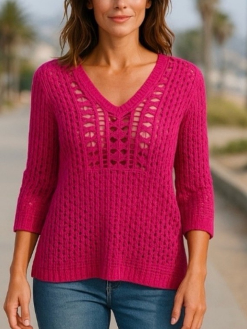 Openwork Crochet Pullover Barbie Hot Neon Pink Blouse/Top beach XS